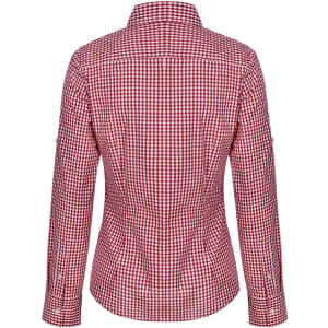 A red and white gingham check roll-up long sleeve shirt with a fitted design and a logo on the back.