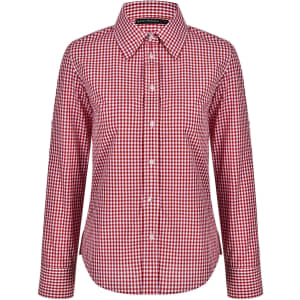 A red and white gingham check roll-up long sleeve shirt with a button-up front and collar, featuring a branding logo.