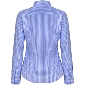 A blue and white gingham check roll-up long sleeve shirt with a button-up design and a branded logo.