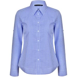 A blue and white gingham check long-sleeve button-up shirt with roll-up sleeve option and a collar.