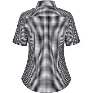 A black and white gingham check short-sleeve button-up shirt with a fitted design and a logo on the back.