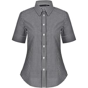 A black and white gingham check short-sleeve button-up shirt with a collar, featuring a logo on the label.