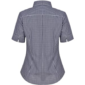 A women's short-sleeve button-up shirt featuring a navy and white gingham check pattern, with a fitted design and collar.