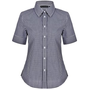 A button-up shirt featuring a black and white gingham check pattern and short sleeves. It has a collar and a logo.