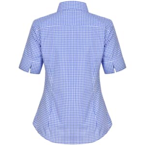 A blue and white gingham check short-sleeved button-up shirt with a fitted silhouette and collar.