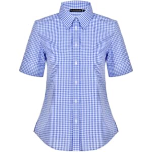 A blue and white gingham check short-sleeve button-up shirt with a collar. Features a logo on the label.