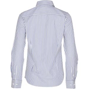 A button-up shirt with long sleeves featuring blue and white sateen stripes and a logo on the back.