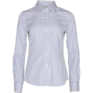 A button-up shirt featuring blue and white sateen stripes with a collared neckline and long sleeves. It has a logo on the label.