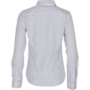 A back view of a women's long-sleeve button-up shirt featuring a blue and white sateen stripe pattern.