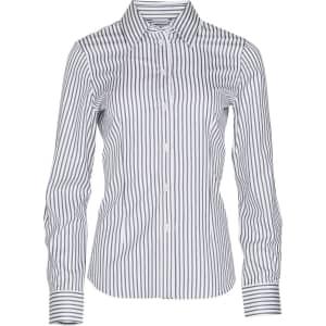 A women's long-sleeve button-up shirt featuring a blue and white sateen stripe pattern. The shirt has a collar and a logo.