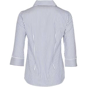 A women's 3/4 sleeve shirt featuring blue and white stripes, with a collar and button-up design. It has a logo.