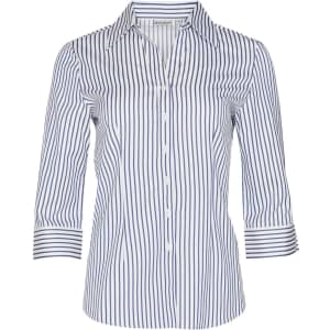 A women's button-up shirt featuring blue and white sateen stripes with 3/4 sleeves and a collar.