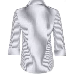 A white and navy striped women's 3/4 sleeve button-up shirt with a collar. Features a logo on the label.