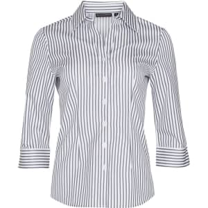 A women's button-up shirt featuring blue and white sateen stripes and 3/4 sleeves. It has a collar and buttons.