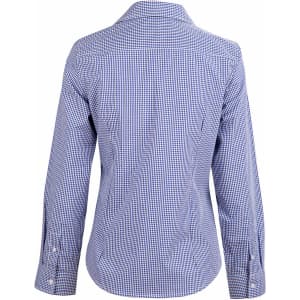 A ladies' long-sleeve button-up shirt in blue and white check pattern with a collar and a logo.