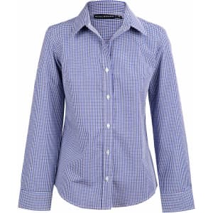 A blue and white two-tone check long-sleeve button-up shirt with a collar and a logo on the label.
