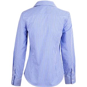 A blue and white check long-sleeve button-up shirt, featuring a fitted design and a collar. It has a logo on the fabric.