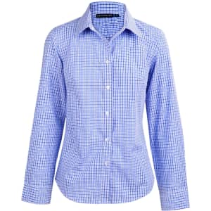 A blue and white check pattern long-sleeve button-up shirt with a collar and branding on the neckline.