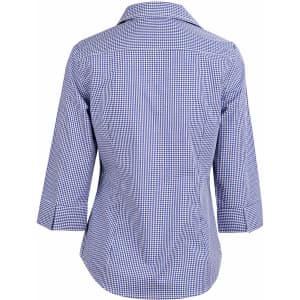 A two-tone check button-up shirt with 3/4 sleeves, featuring a blue and white pattern and a collar.