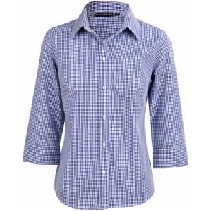 A blue and white check 3/4 sleeve button-up shirt featuring an embroidered logo on the collar.
