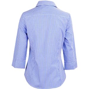 A blue and white check 3/4 sleeve button-up shirt with a stylish back design. Features a logo on the fabric.