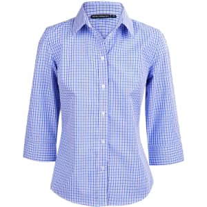 A blue and white check pattern button-up shirt with 3/4 sleeves. The shirt features a collar and a logo.