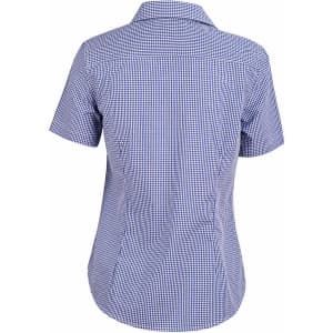A short-sleeved, two-tone check button-up shirt in blue and white with a fitted silhouette. Features a logo on the back.