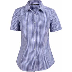 A ladies' short-sleeve button-up shirt featuring a blue and white check pattern, designed with a fitted shape.