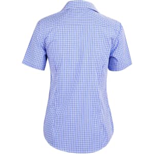 A short-sleeve women's button-up shirt featuring a blue and white check pattern, with a logo on the back.