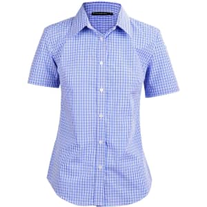 A ladies' short-sleeve button-up shirt in blue and white check pattern, featuring a fitted design and collar.