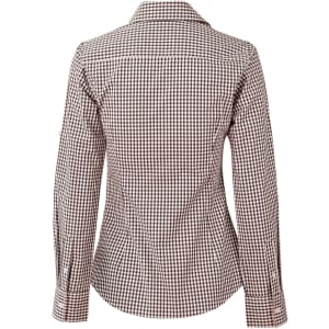 A women's long-sleeve roll-up shirt featuring a brown and white gingham check pattern, with a fitted design and a collar.