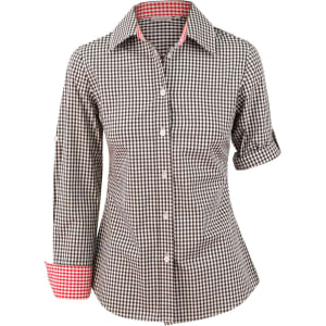A women's long-sleeve button-up shirt in black and white gingham check with red accents on the cuffs.