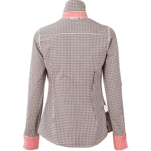 A women's roll-up long sleeve shirt featuring a black and white gingham check pattern with contrasting pink cuffs.