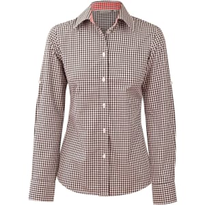 A women's long-sleeve button-up shirt featuring a brown and white gingham check pattern, with roll-up sleeves.