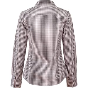 A women's long-sleeve shirt in a brown and white gingham check pattern with roll-up sleeves and a fitted design.