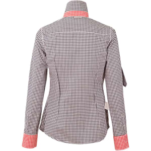 A women's roll-up long sleeve shirt in black and white gingham check with orange accents on the collar and cuffs.