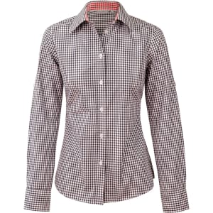 A women's long-sleeve button-up shirt in black and white gingham check pattern, featuring roll-up sleeves and a collar.