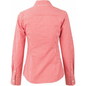 A red and white gingham check women's roll-up long sleeve shirt with a fitted back design.