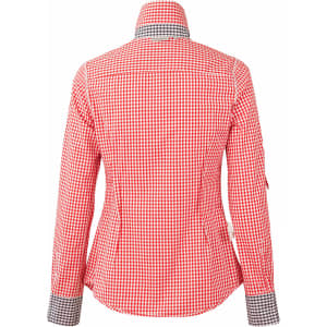 A red and white gingham check roll-up long sleeve shirt, featuring a contrasting check collar and a fitted design.