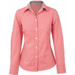 A red and white gingham check roll-up long sleeve shirt with a button-up front and a collar.