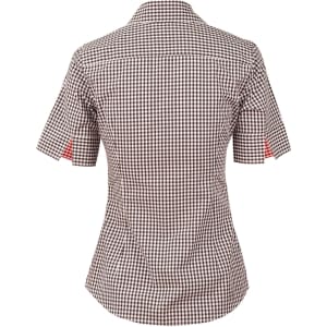 A short-sleeved women's button-up shirt in black and white gingham check with a red pattern on the sleeves. It features a logo.