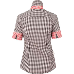 A short-sleeved women's button-up shirt featuring a black and white gingham check pattern with contrasting red accents on the sleeves.