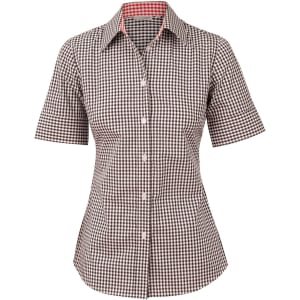 A women's short-sleeved button-up shirt featuring a brown and white gingham check pattern with a contrasting red inner collar.
