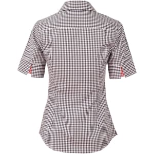 A black and white gingham check short-sleeve button-up shirt featuring a fitted design and a logo.