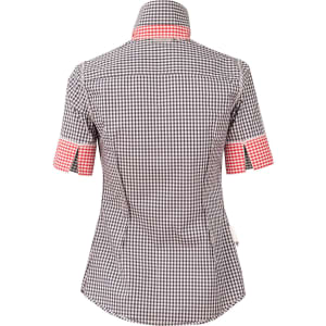 A black and white gingham check short sleeve shirt with a contrasting red check collar and cuffs. Features a branding logo.