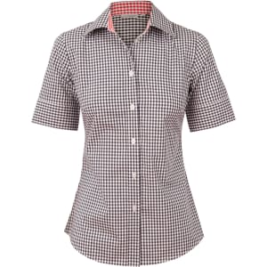 A women's short-sleeve button-up shirt in black and white gingham check pattern, featuring a contrasting inner collar.