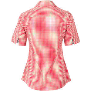A women's short-sleeve button-up shirt in red and white gingham check pattern, featuring a fitted design and collar.