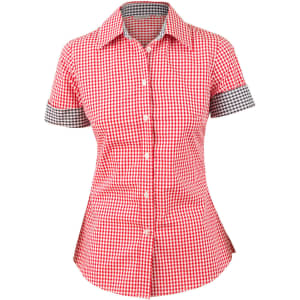 A red gingham check button-up shirt with short sleeves and a black and white checked collar. Features a logo.