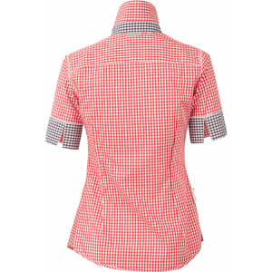 A red and white gingham check women's button-up shirt with short sleeves and a grey cuff detail.