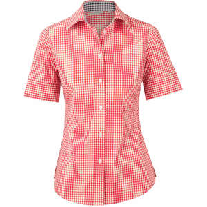 A red and white gingham check short-sleeve button-up shirt featuring a collar and a branded label.